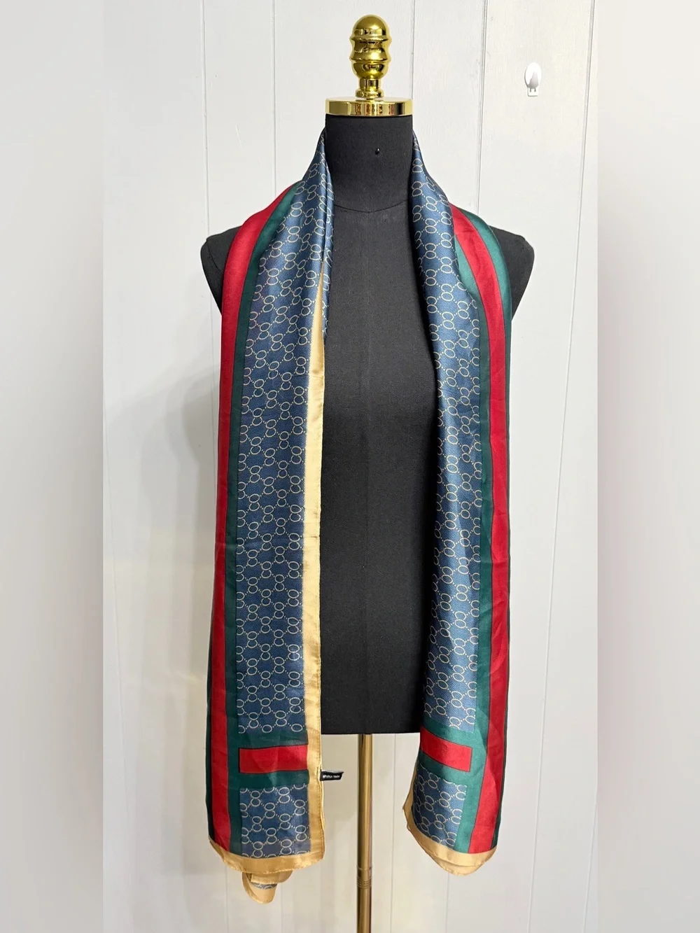 Silk Luxury Navy Patterned Large Scarf with Red & Green Stripes and Gold Trim